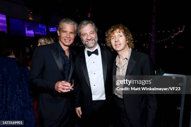Timothy Olyphant, Judd Apatow, and Beck attend the 2023 Vanity Fair Oscar Party Hosted By Radhika Jones at Wallis Annenberg Center for the Performing...