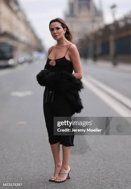 Yasemin Ögün seen wearing black strapless glitter Miu Miu dress, silver Amina Muaddi glitter heels, small black Miu Miu bag with rivet, silver...