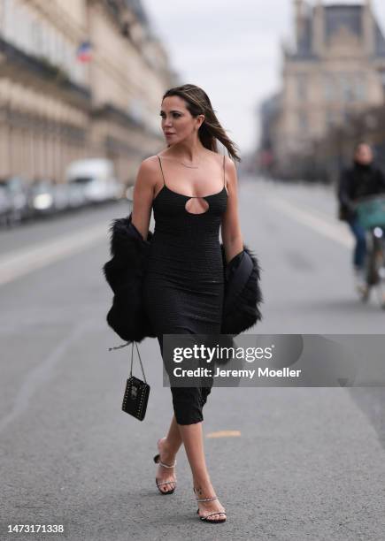 Yasemin Ögün seen wearing black strapless glitter Miu Miu dress, silver Amina Muaddi glitter heels, small black Miu Miu bag with rivet, silver...