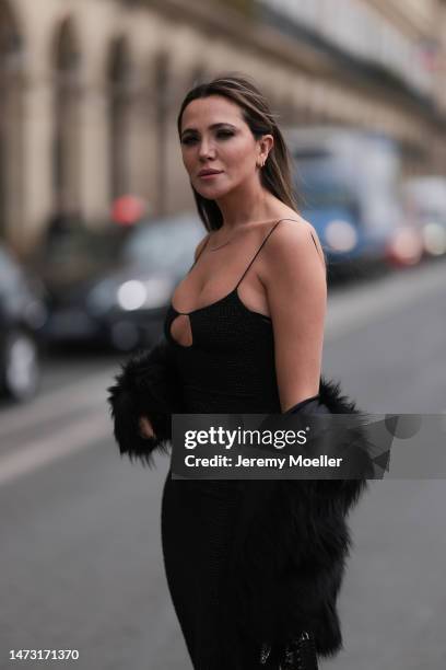 Yasemin Ögün seen wearing black strapless glitter Miu Miu dress, small black Miu Miu bag with rivet, silver Tiffany & Co diamond chain, Salomon fake...