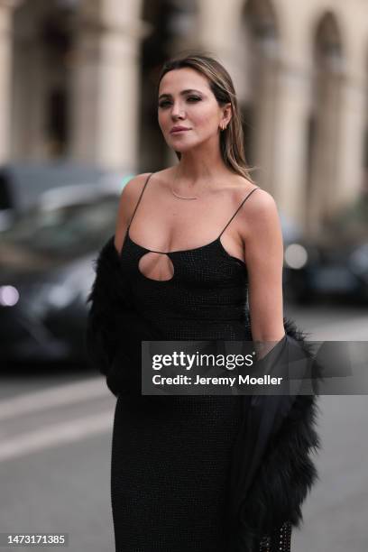 Yasemin Ögün seen wearing black strapless glitter Miu Miu dress, small black Miu Miu bag with rivet, silver Tiffany & Co diamond chain, Salomon fake...