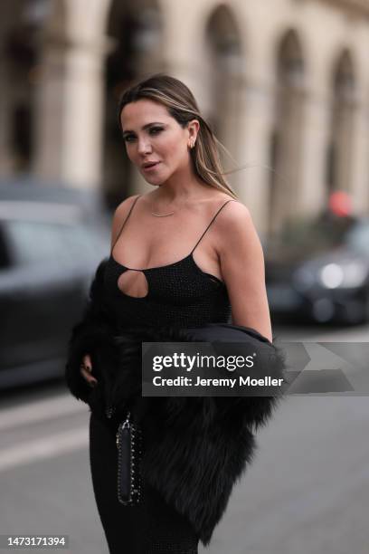 Yasemin Ögün seen wearing black strapless glitter Miu Miu dress, small black Miu Miu bag with rivet, silver Tiffany & Co diamond chain, Salomon fake...