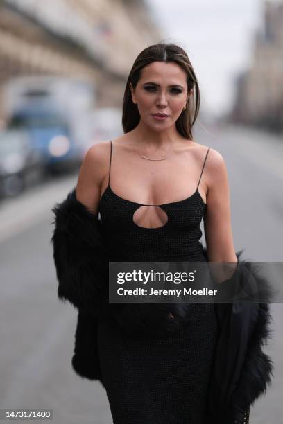 Yasemin Ögün seen wearing black strapless glitter Miu Miu dress, small black Miu Miu bag with rivet, silver Tiffany & Co diamond chain, Salomon fake...