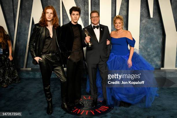Holden Fletcher Fraser, Leland Francis Fraser, Brendan Fraser and Jeanne Moore attend the 2023 Vanity Fair Oscar Party Hosted By Radhika Jones at...