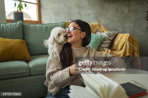 Young woman drinking tea while playing with her dog at home Young woman drinking tea while playing with her dog at home