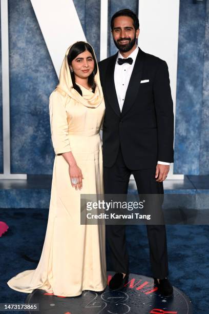 Malala Yousafzai and Asser Malik attends the 2023 Vanity Fair Oscar Party hosted by Radhika Jones at Wallis Annenberg Center for the Performing Arts...