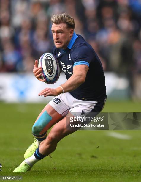 Scotland full back Stuart Hogg in action on his 100th cap during the Six Nations Rugby match between Scotland and Ireland at Murrayfield Stadium on...