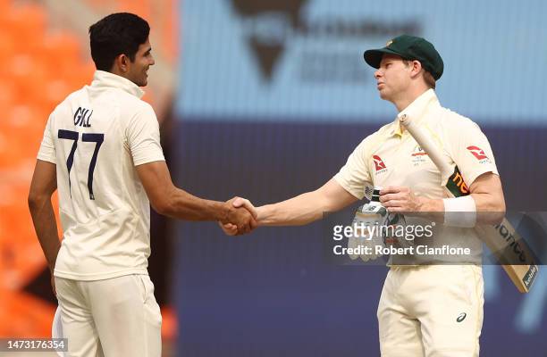 Shubman Gill of India and Steve Smith of Australia are seen as the match ends in a draw during day five of the Fourth Test match in the series...