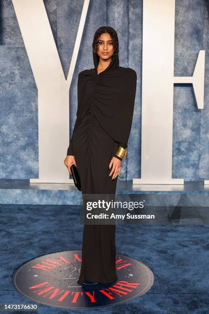 Imaan Hammam attends the 2023 Vanity Fair Oscar Party Hosted By Radhika Jones at Wallis Annenberg Center for the Performing Arts on March 12, 2023 in...