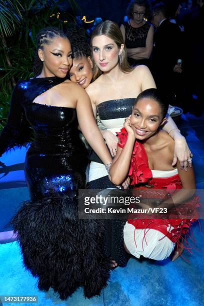 Chloe Bailey, Halle Bailey, Emily Arlook, and Yara Shahidi attend the 2023 Vanity Fair Oscar Party Hosted By Radhika Jones at Wallis Annenberg Center...