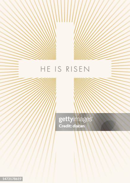 ilustraciones, imágenes clip art, dibujos animados e iconos de stock de estandarte de pascua con cruz e inscripción. - he is risen