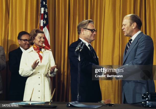 President Gerald Ford nominates Nelson Rockefeller as the new Vice President in Washington on August 20th, 1974. Also pictured are Secretary of State...