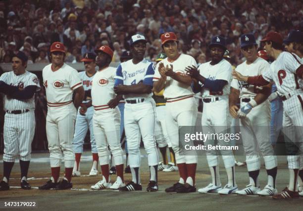 Group shot of the National League All-Star Team in Pittsburgh, Pennsylvania, on July 23rd, 1974. Left to right: Yogi Berra , Pete Rose , Joe Morgan ,...