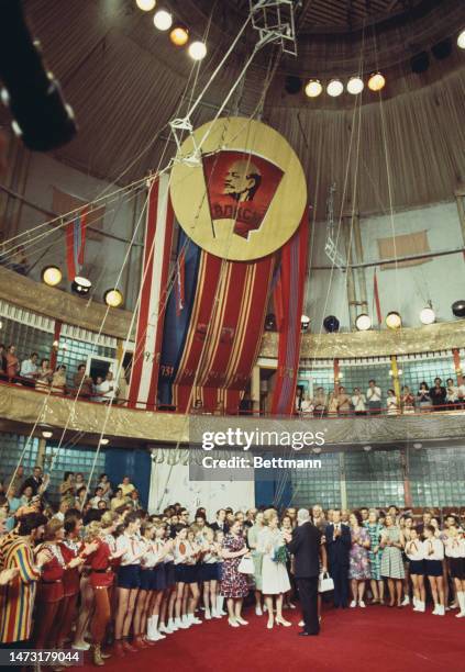 First Lady Pat Nixon meets students at the Moscow Circus School in Russia on July 2nd, 1974.