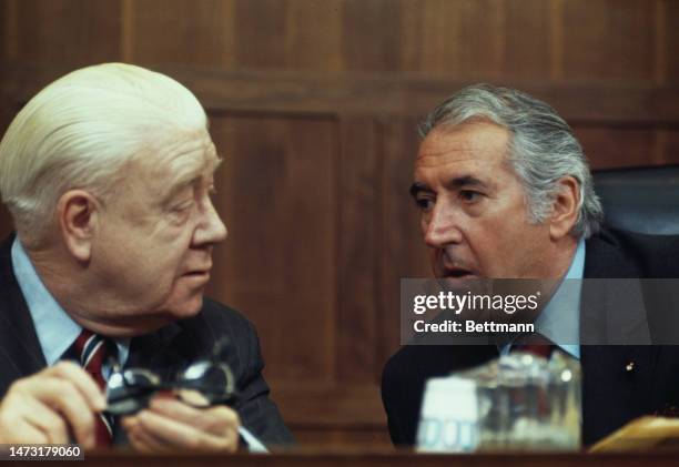 Congressman Harold Donohue speaks with Committee Chairman Peter Rodino during a House Judiciary Committee meeting on President Nixon's possible...