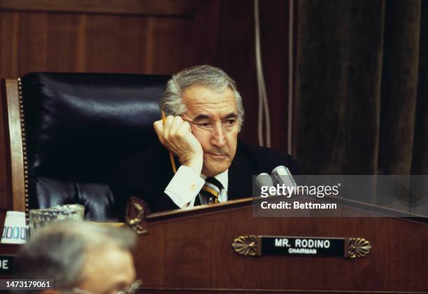 Chairman of the House Judiciary Committee Peter Rodino chairs a meeting on the possible impeachment of President Nixon in Washington on July 25th,...