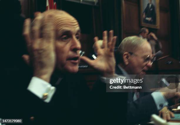 Close-up of Democratic politician Robert Drinan , a member of the House Judiciary Committee, pictured during a hearing on President Nixon's possible...