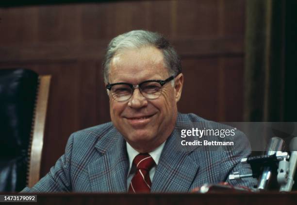 Republican politician Edward Hutchinson a member of the House Judiciary Committee, pictured during a hearing on President Nixon's possible...