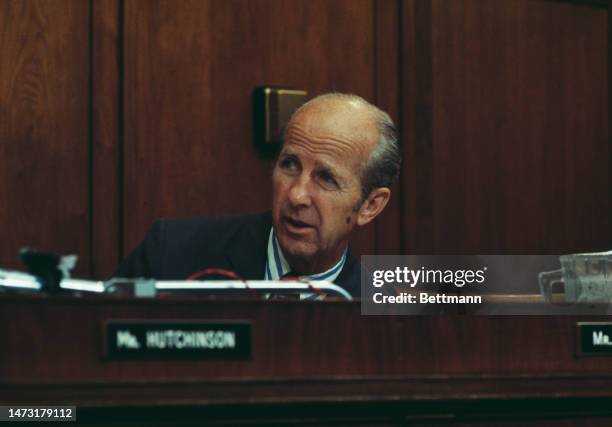 Republican politician Robert McClory , a member of the House Judiciary Committee, pictured during a hearing on President Nixon's possible impeachment...