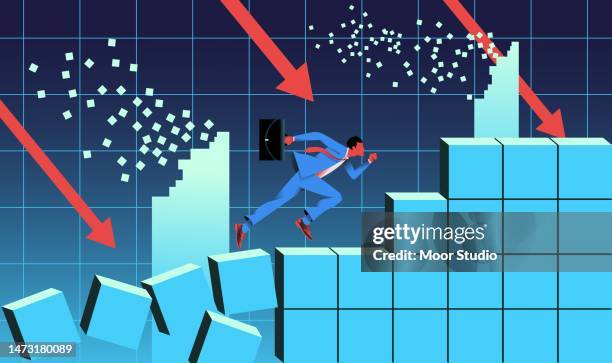 businessman running on falling pixels ullustration - private equity stock illustrations