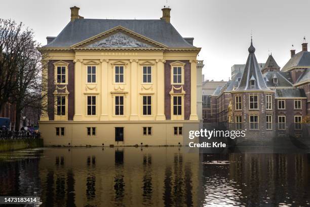 mauritshuis building over pond, den haag, netherlands - mauritshuis stockfoto's en -beelden