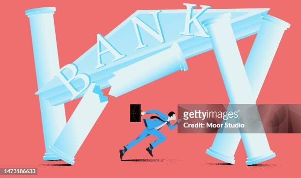 man running out of ruining bank illustration - ruined stock illustrations