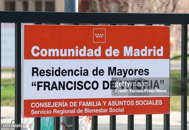 Entrance sign to the Francisco de Vitoria nursing home on March 13 in Alcala de Henares, Madrid, Spain. The health inspection of the City Council of...