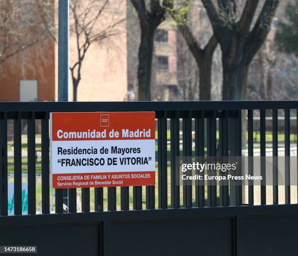 Entrance sign to the Francisco de Vitoria nursing home on March 13 in Alcala de Henares, Madrid, Spain. The health inspection of the City Council of...