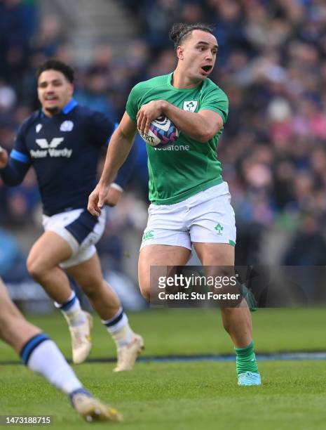 Ireland wing James Lowe in action during the Six Nations Rugby match between Scotland and Ireland at Murrayfield Stadium on March 12, 2023 in...
