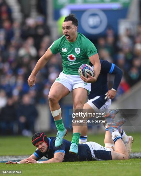 Ireland wing James Lowe in action during the Six Nations Rugby match between Scotland and Ireland at Murrayfield Stadium on March 12, 2023 in...