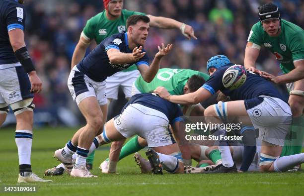 Scotland scrum half Ben White in action during the Six Nations Rugby match between Scotland and Ireland at Murrayfield Stadium on March 12, 2023 in...