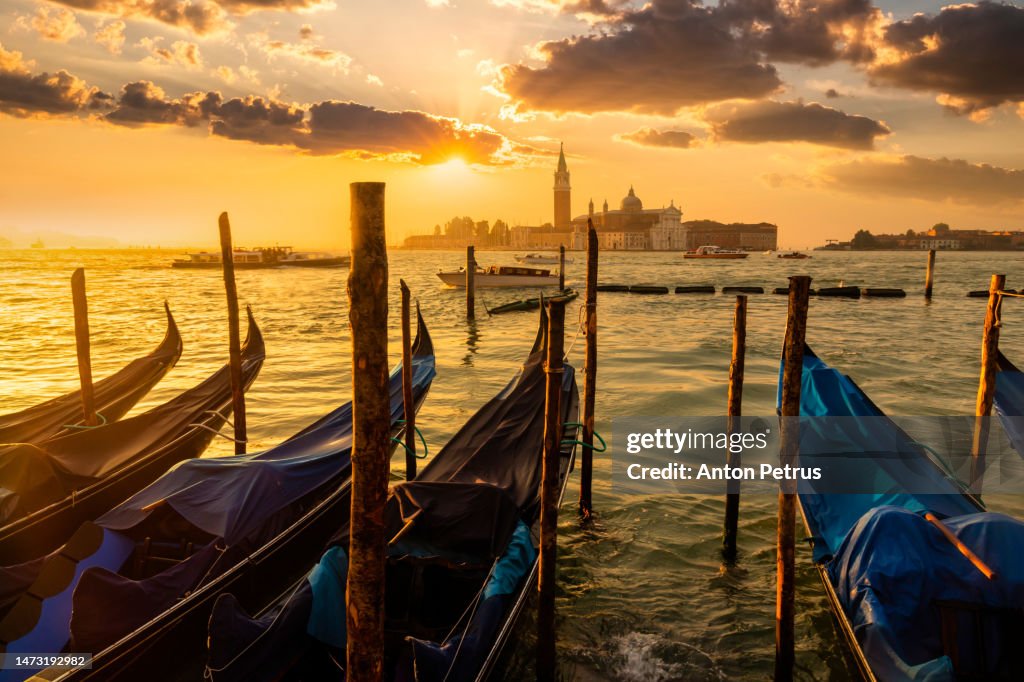Venice gondolas on San Marco square at sunset, Venice, Italy.