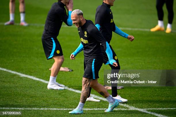 Federico Dimarco of FC Internazionale smile in action during the FC Internazionale training session at the club's training ground Suning Training...