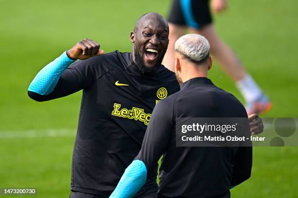 Romelu Lukaku of FC Internazionale smile in action during the FC Internazionale training session at the club's training ground Suning Training Center...