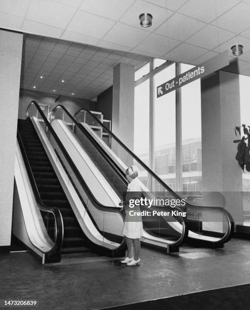 Escalators up to the Out-Patients department of the newly opened Charing Cross Hospital, Fulham Palace Road, London, 9th January 1973.
