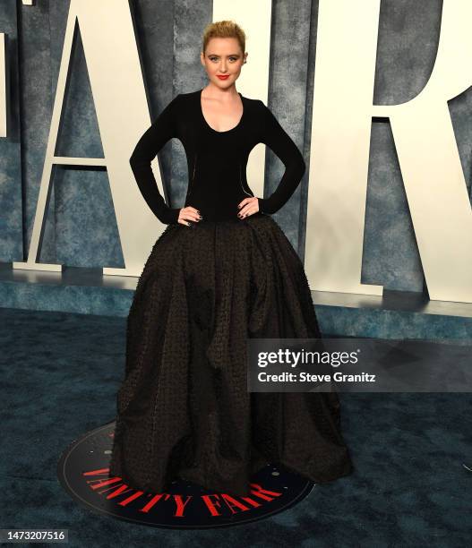 Kathryn Newton arrives at the Vanity Fair Oscar Party Hosted By Radhika Jones at Wallis Annenberg Center for the Performing Arts on March 12, 2023 in...