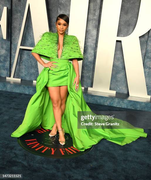 Saweetie arrives at the Vanity Fair Oscar Party Hosted By Radhika Jones at Wallis Annenberg Center for the Performing Arts on March 12, 2023 in...