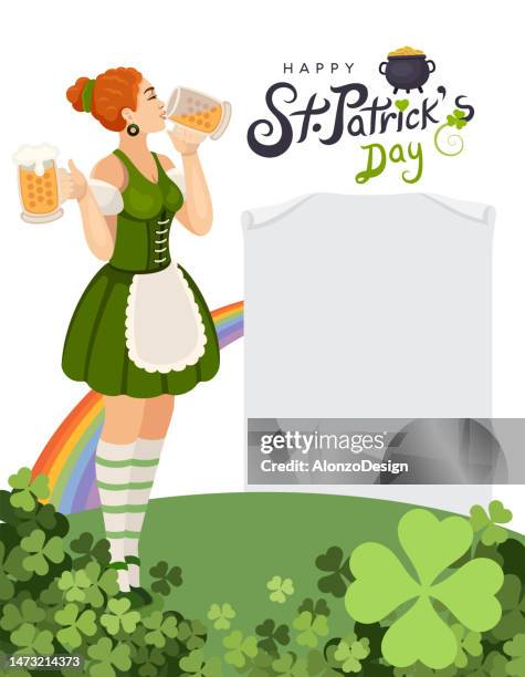 ilustraciones, imágenes clip art, dibujos animados e iconos de stock de celebración del día de san patricio. vector irish lucky holiday design para póster. cartel de papel. ilustración de folleto de fiesta con trébol. st. patrick's girl con jarra de cerveza. - saint patricks tag