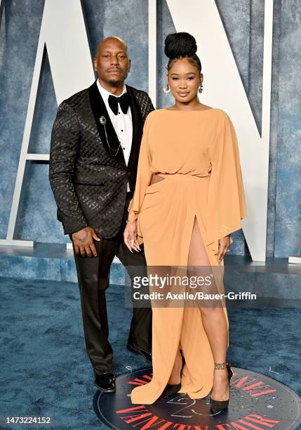 Tyrese Gibson and Zelie Timothy attend the 2023 Vanity Fair Oscar Party hosted by Radhika Jones at Wallis Annenberg Center for the Performing Arts on...