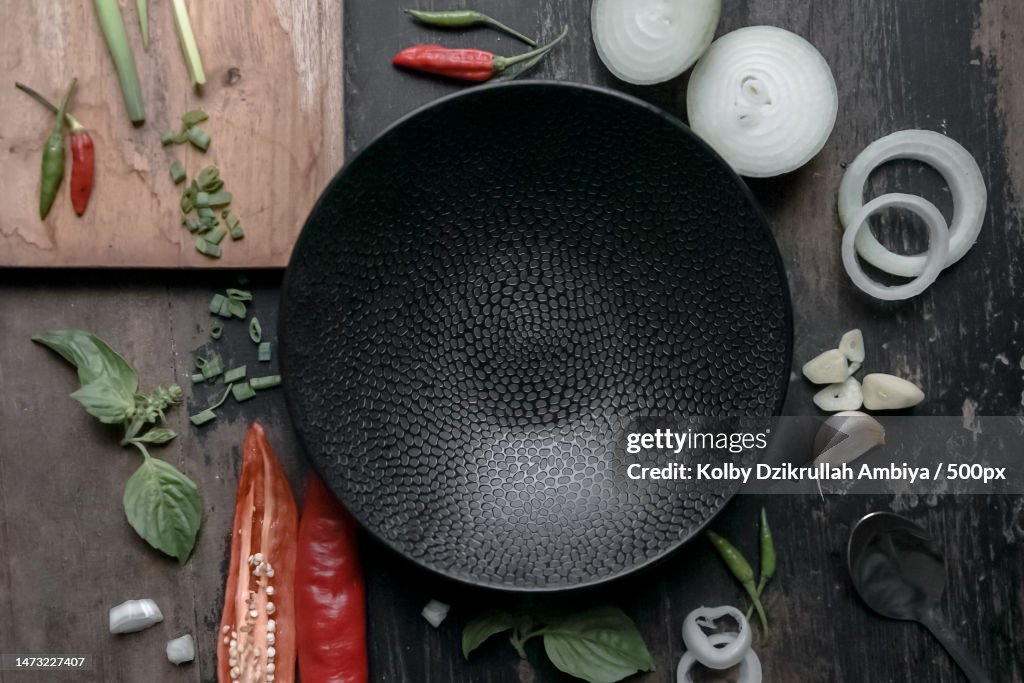 Directly above shot of cooking pan on table