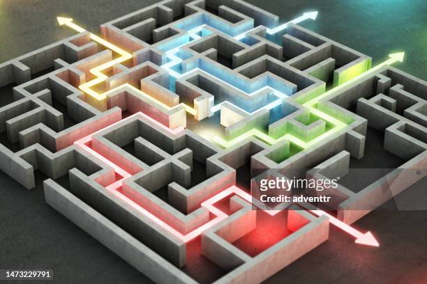 four different colored glowing lines and arrows showing different ways out of the complex maze - end to end solution stock pictures, royalty-free photos & images