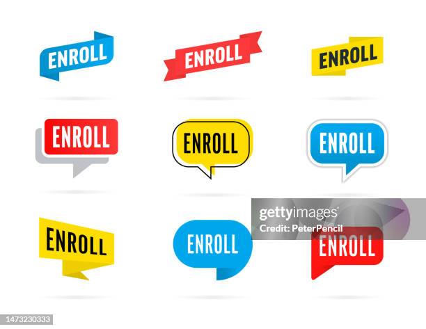 enroll set - banner, speech bubble, label, ribbon, notification template. vector stock illustration with text - enrol stock illustrations