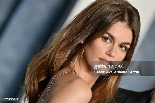 Kaia Gerber attends the 2023 Vanity Fair Oscar Party hosted by Radhika Jones at Wallis Annenberg Center for the Performing Arts on March 12, 2023 in...