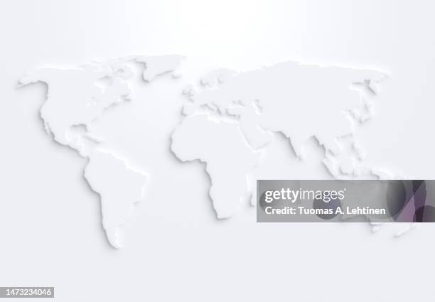 white world map on white background with shadow or 3d effect. - grey backdrop stock pictures, royalty-free photos & images