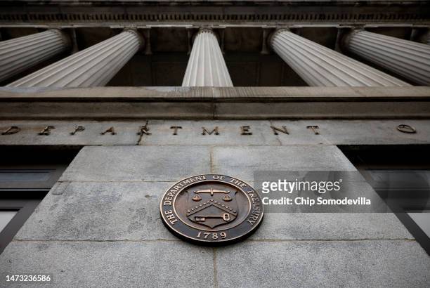 The exterior of the U.S. Department of Treasury building is seen as they joined other government financial institutions to bail out Silicon Valley...