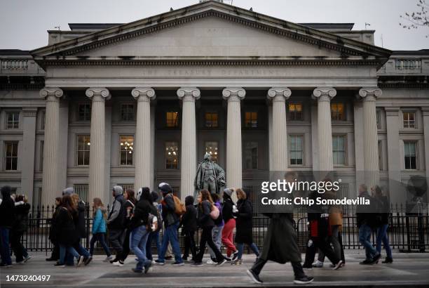 Statue of Alexander Hamilton is seen outside the U.S. Department of Treasury building as they joined other government financial institutions to bail...