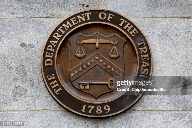 Seal on the exterior of the U.S. Department of Treasury building is seen as they joined other government financial institutions to bail out Silicon...