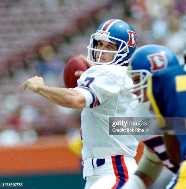 Denver Broncos Quarterback John Elway game action against the Los Angeles Rams, September 8, 1985 in Los Angeles, California.