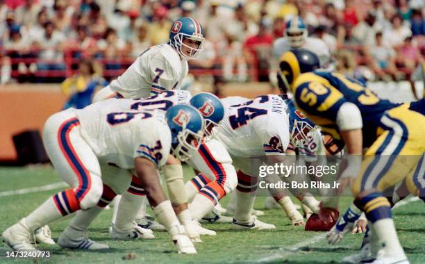 Denver Broncos Quarterback John Elway game action against the Los Angeles Rams, September 8, 1985 in Los Angeles, California.