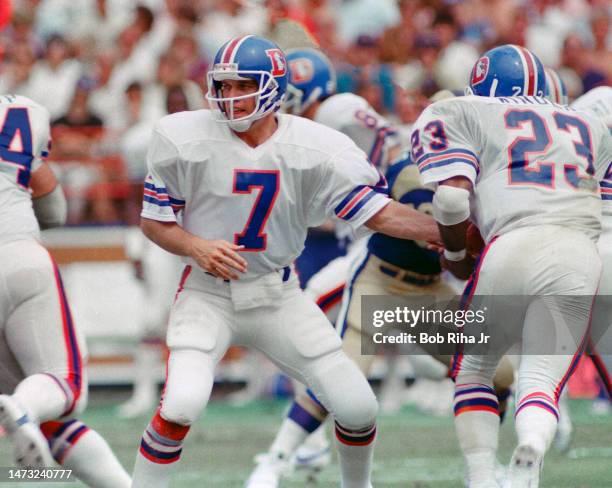 Denver Broncos Quarterback John Elway game action against the Los Angeles Rams, September 8, 1985 in Los Angeles, California.